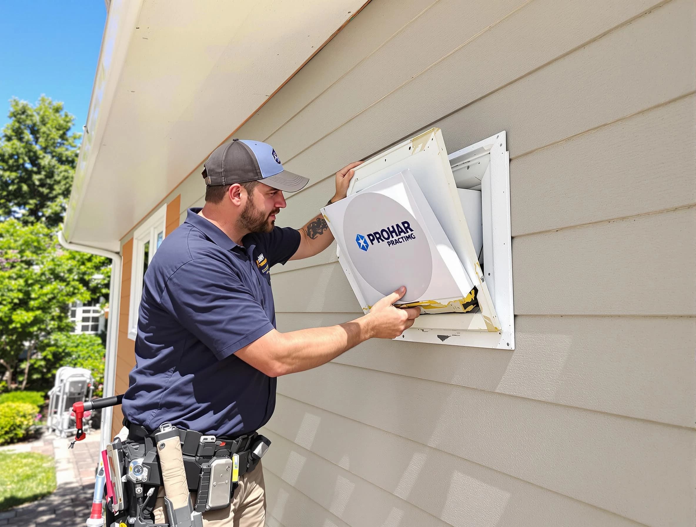 Peachtree Corners Dryer Vent Cleaning technician installing a new protective dryer vent cover on a home in Peachtree Corners