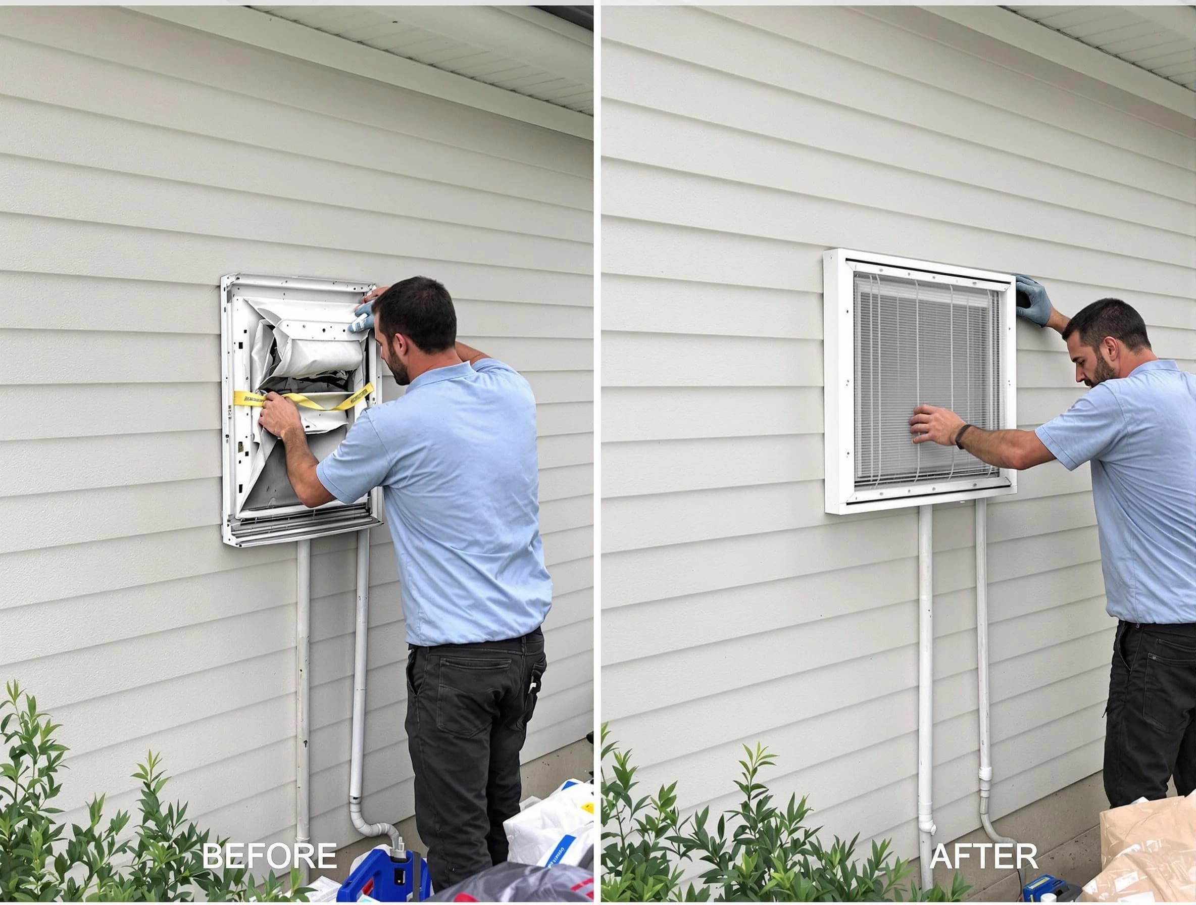 Peachtree Corners Dryer Vent Cleaning technician installing high-quality dryer vent cover at a residential property in Peachtree Corners