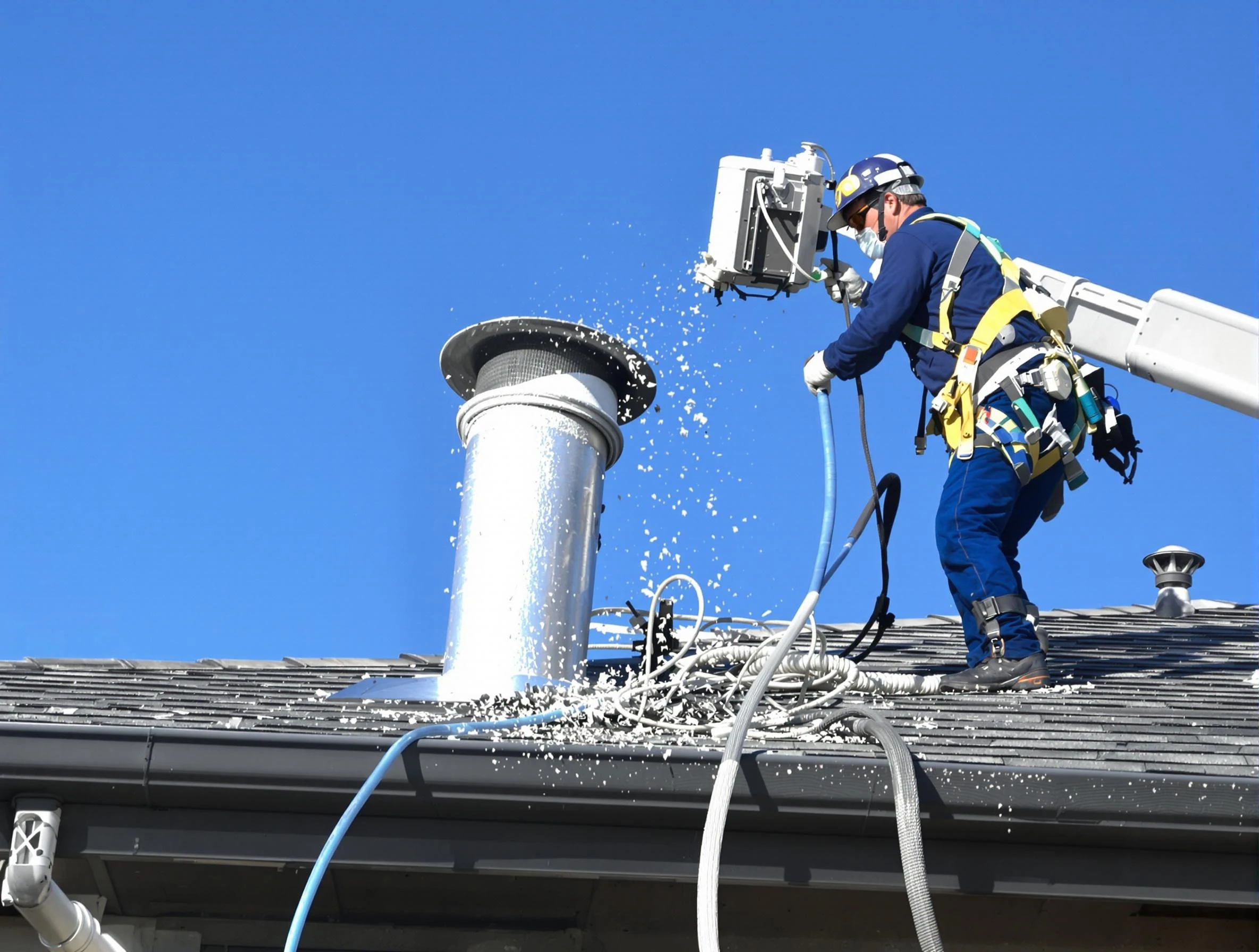 Peachtree Corners Dryer Vent Cleaning certified technician safely cleaning a roof-mounted dryer vent in Peachtree Corners